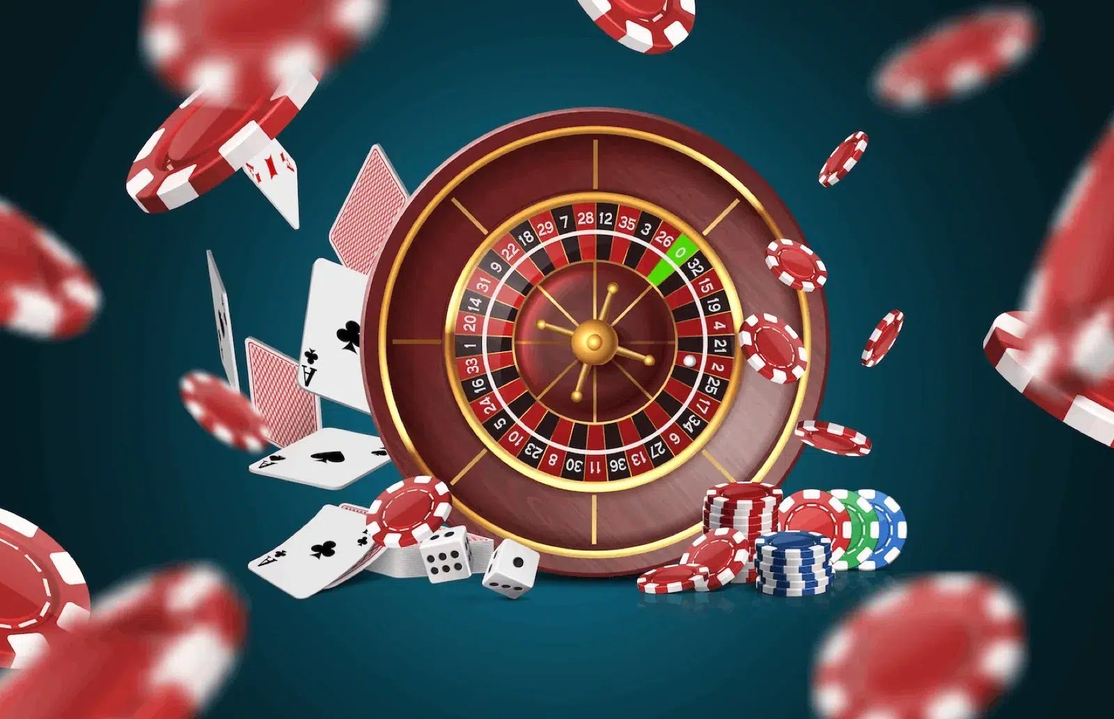 Roulette in tonalita blu notte e verde acqua con fiches rosse